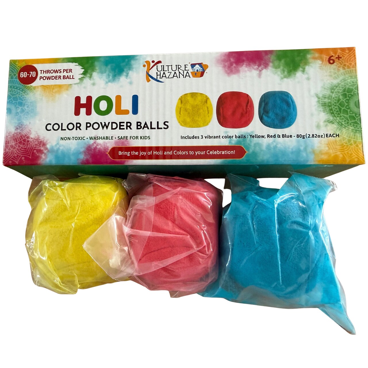 Kulture Khazana: Holi Color Powder Balls - 3 Pack - Red-Blue-Yellow, Soft Toss Balls, Non-Toxic, Washable, Biodegradable, Color Fun Runs, Outdoor Play